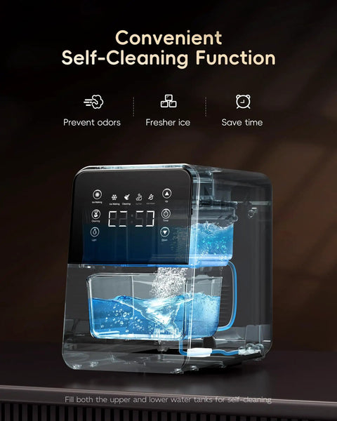 Countertop Nugget Ice Maker With 40 Lbs Per Day Capacity showing self-cleaning function and digital display