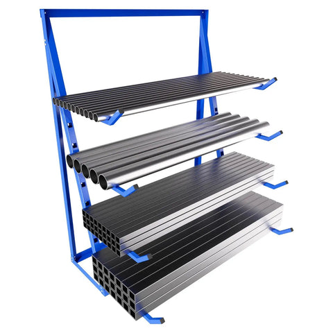 Beefy Heavy Duty Lumber And Pipe Cantilever Storage Rack With 4000 Lbs Capacity Four Tier Alloy Steel Construction loaded with metal pipes