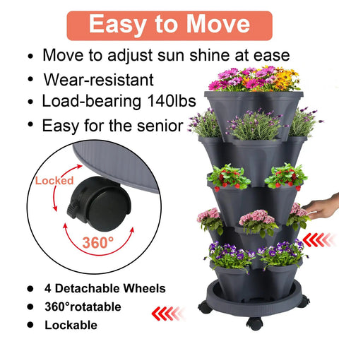 Vertical Planter Tower Five Tier Stackable Garden Planters With Lockable Wheels For Indoor And Outdoor Use In Dark Gray