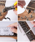 Guitar Tool Kit 31 Pieces For Pro Setup And Repair All In One Luthier Tools with winder, ruler, hex wrench, and file in use