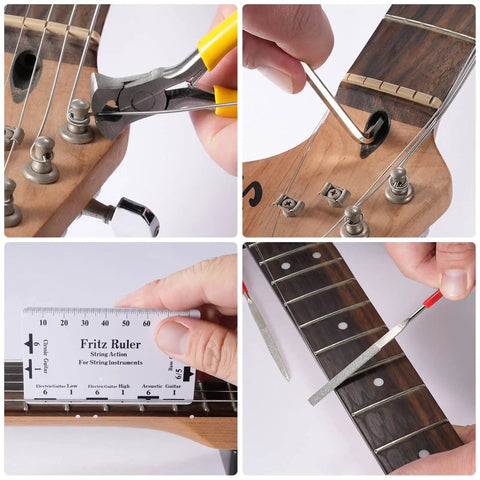 Guitar Tool Kit 31 Pieces For Pro Setup And Repair All In One Luthier Tools with winder, ruler, hex wrench, and file in use