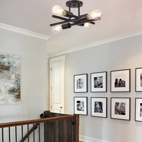 Room with Dope Black Semi Flush Mount Ceiling Light Fixture 2 Pack Modern 4 Light Sputnik Chandelier in hallway.