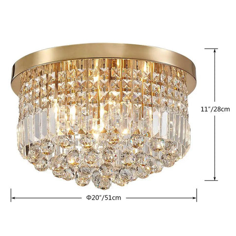Modern K9 Crystal Raindrop Chandelier Ceiling Light With Brass Canopy, 9 Light Flush Mount for dining room, clear crystals