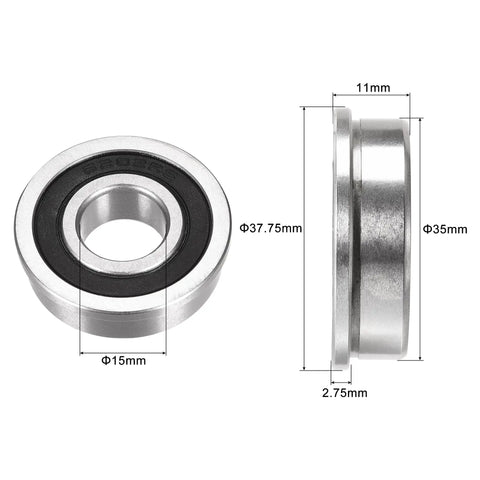 F6202-2RS Flanged Ball Bearing 15x35x11mm Double Sealed Chrome Steel ABEC1 Set Of 4 High Load Low Noise Bearings For Machinery RC Cars DIY Projects And Equipment Maintenance, front and side view with dimensions