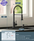 Heavy Duty Matte Black Kitchen Sink Faucet Pull Down Sprayer High Arc Swing Spout dimensions showing height and reach.