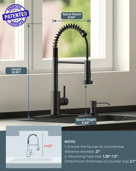 Heavy Duty Matte Black Kitchen Sink Faucet Pull Down Sprayer High Arc Swing Spout dimensions showing height and reach.