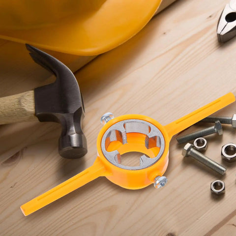 Ditch That Rusty Pipe Job! Get The Ultimate Two Piece Manual PVC Threader Set With Tap Die And Stainless Wrench on a wooden surface.