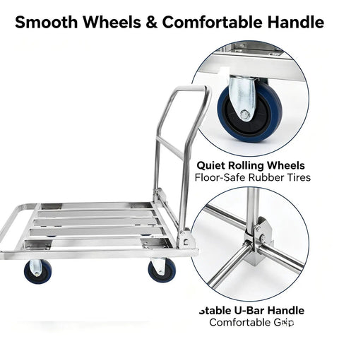 Heavy Duty Stainless Steel Folding Platform Hand Truck Be A Workhorse With 70 By 50 Cm Platform Foldable Handle Quiet Swivel Casters Utility Trolley For Warehouse Restaurant Office Durable All Weather Cart, stainless steel cart with rubber wheels