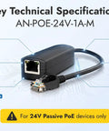 Key technical specifications of the Adnet 48V To 24V Passive PoE Converter Inline Adapter with RJ45 connectors.