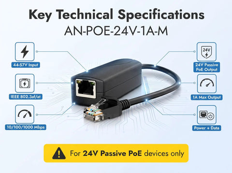 Key technical specifications of the Adnet 48V To 24V Passive PoE Converter Inline Adapter with RJ45 connectors.