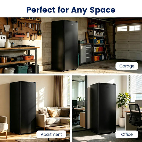 Premium Straight Up Slick 6.5 Cubic Foot Freestanding Upright Freezer For Tight Apartment Spaces in garage, apartment, and office settings.