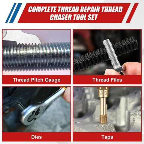 61-piece UNC/UNF and metric thread repair set with taps, dies, thread files, and thread pitch gauge for repairing damaged bolts and screws.