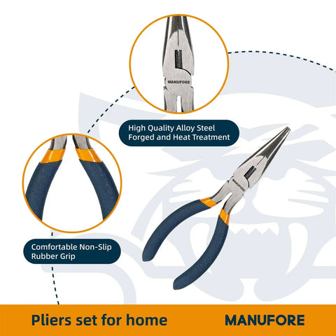 Three Piece Pliers Set For DIY And Home Use With 6 Inch Long Nose Pliers, 6 Inch Slip Joint Pliers, And 8 Inch Water Pump Pliers