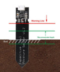 Five Pack Capacitive Analog Soil Moisture Sensor Modules shown inserted in soil with depth indicators for Arduino and Raspberry Pi projects.