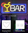 USB Powered Dimmable Neon Bar Sign, 16.5x8.7in with cocktail glass design, LED light, hanging chain, and adhesive hooks