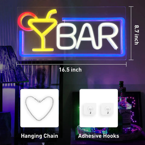 USB Powered Dimmable Neon Bar Sign, 16.5x8.7in with cocktail glass design, LED light, hanging chain, and adhesive hooks