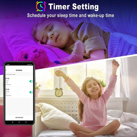 Girl sleeping and waking up with 50Ft Bluetooth RGB LED Strip Lights For Bedroom With App Control And Remote Music Sync