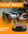Workhorse Grade 3 X 21 Belt Sander Sanding Belts 100 Grit Aluminum Oxide Abrasive Strips used on a metal polishing tool in a workshop.