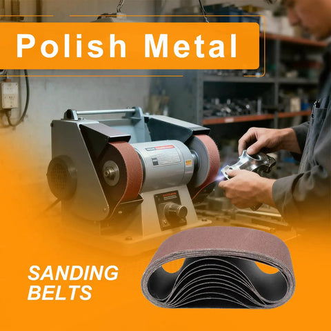 Workhorse Grade 3 X 21 Belt Sander Sanding Belts 100 Grit Aluminum Oxide Abrasive Strips used on a metal polishing tool in a workshop.