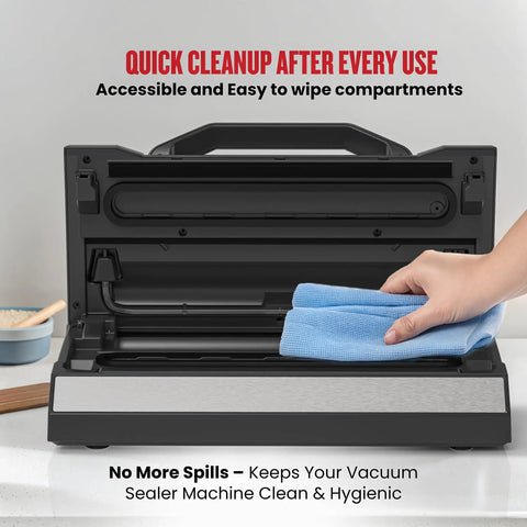 Hand wiping Pro Grade Vacuum Sealer Machine With Cutter And Jar Attachment For Home Kitchen, open for easy cleaning
