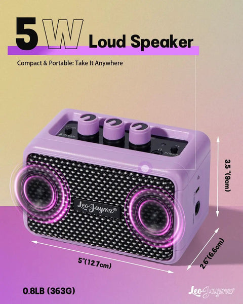 Compact 5W Guitar Amp For On The Go With Dual Speakers Bluetooth Wireless Connectivity Rechargeable Battery Clean And Overdrive Modes Gain Tone And Volume Controls Headphone Jack Ideal For Practice And Small Gigs Purple