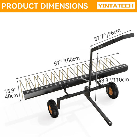 60 Inch Tow Behind Pine Needle Rake For Lawn Mowers, ATVs, And Tractors With 24 Tines, Durable Powder Coated Black And Gold