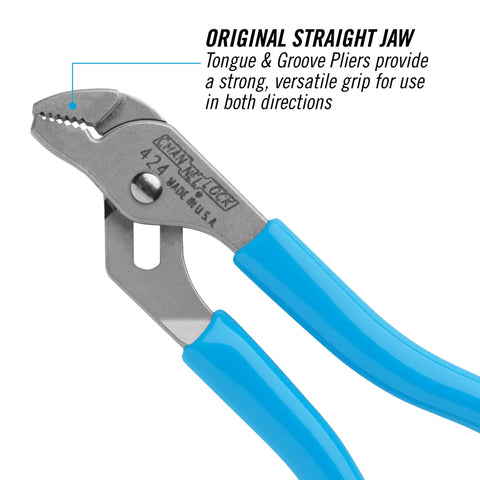 4.5 Inch Slip Joint Pliers With Straight Jaw Tongue And Groove Hardened Steel Construction PERMALOCK Fastener shown with blue grips