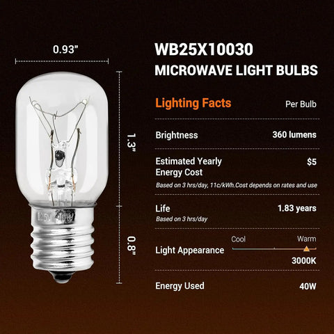 Diagram of 40W WB25X10030 microwave light bulb with brightness, energy cost, life, and light appearance details.