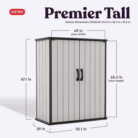 Tall Resin Outdoor Storage Shed For Backyards, Weatherproof 62 Cu Ft Capacity With Shelving Brackets, Gray and Black