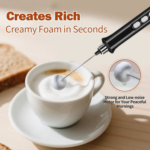 Rechargeable Handheld Milk Frother With 3 Speed Settings and 3 Detachable Stainless Whisks frothing cappuccino foam