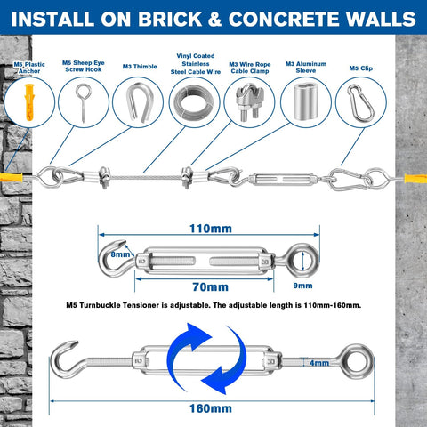 Installation diagram for Heavy Duty 220 Feet One Eighth Inch Vinyl Coated 304 Stainless Steel Wire Rope Kit With Turnbuckles