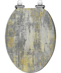 Quiet Close Resin Elongated Toilet Seat for Bathroom with gray and yellow color pattern, top view, fitting standard toilets.