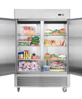 54 Inch Upright Commercial Freezer Heavy Duty Workhorse Design With Two Solid Doors 42.2 Cubic Foot Capacity with food items on shelves.