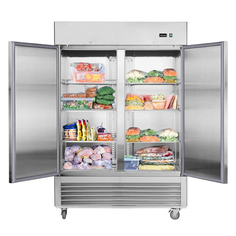 54 Inch Upright Commercial Freezer Heavy Duty Workhorse Design With Two Solid Doors 42.2 Cubic Foot Capacity with food items on shelves.