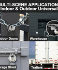 Keyed Disc Padlock 2 Pack Stainless Steel Heavy Duty Locks With 3/8 Inch Shackle Waterproof Rustproof For Storage Warehouse Garage Outdoor Use Keyed Different shown in use on gates and trailers.