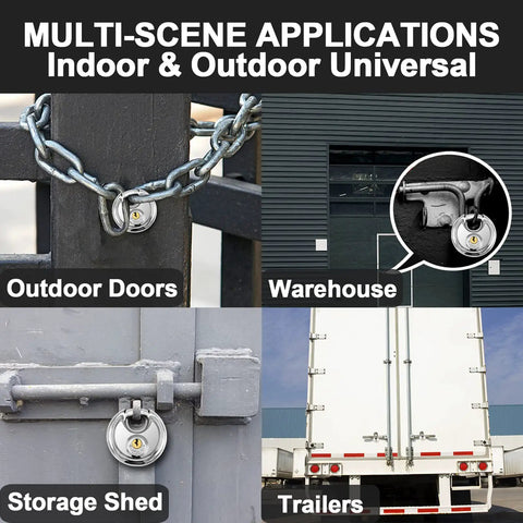 Keyed Disc Padlock 2 Pack Stainless Steel Heavy Duty Locks With 3/8 Inch Shackle Waterproof Rustproof For Storage Warehouse Garage Outdoor Use Keyed Different shown in use on gates and trailers.
