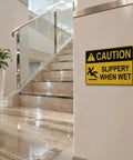 Caution Wet Floor Sign Set 10 X 7 Inch Two Pack Vinyl Sticker With High Visibility Reflective Waterproof Finish, Fade-Resistant Slippery When Wet Warning Decal For Commercial Kitchens, Offices, Warehouses And Restaurants on stair wall