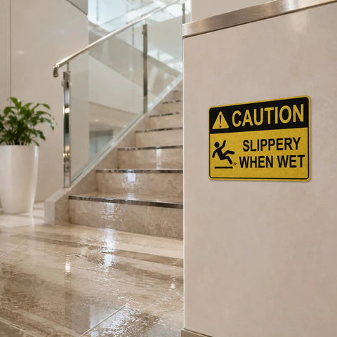 Caution Wet Floor Sign Set 10 X 7 Inch Two Pack Vinyl Sticker With High Visibility Reflective Waterproof Finish, Fade-Resistant Slippery When Wet Warning Decal For Commercial Kitchens, Offices, Warehouses And Restaurants on stair wall