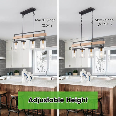 4 Light Farmhouse Kitchen Island Pendant Light With Black Metal And Wood Finish, 36 Inch Linear Hanging Chandelier in kitchen