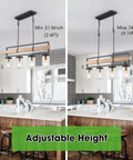 36 Inch Farmhouse Style Dining Room Pendant Light Over Table Black Wood Linear Chandelier With Four Adjustable Lights For Kitchen Island Lighting Modern Vintage Look Dope Ceiling Fixture shown with adjustable height in kitchen setting