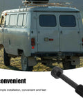Van with "convenient" text overlay next to hydraulic hole punch kit component, highlighting simple and fast installation.
