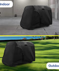 Heavy Duty Waterproof Golf Cart Cover For 4 To 6 Passenger Universal Fit Yamaha Honda Club Car Ezgo All Weather Protection Outdoor Storage Dustproof UV Resistant Shield shown in black for indoor and outdoor use.
