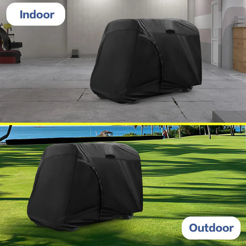 Heavy Duty Waterproof Golf Cart Cover For 4 To 6 Passenger Universal Fit Yamaha Honda Club Car Ezgo All Weather Protection Outdoor Storage Dustproof UV Resistant Shield shown in black for indoor and outdoor use.
