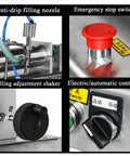Heavy Duty Automatic Liquid Filling Machine with anti-drip nozzle, emergency stop switch, filling adjustment shaker, and electric control.