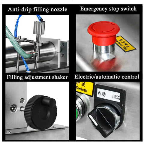 Heavy Duty Automatic Liquid Filling Machine with anti-drip nozzle, emergency stop switch, filling adjustment shaker, and electric control.