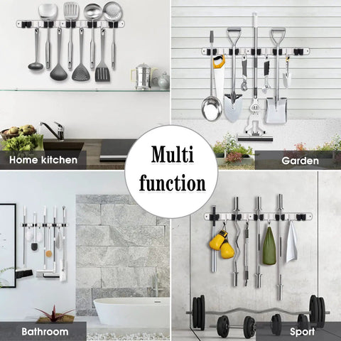 Mop And Broom Wall Mount Organizer With Five Racks And Four Hooks Stainless Steel Heavy Duty Boss Grade in various home uses