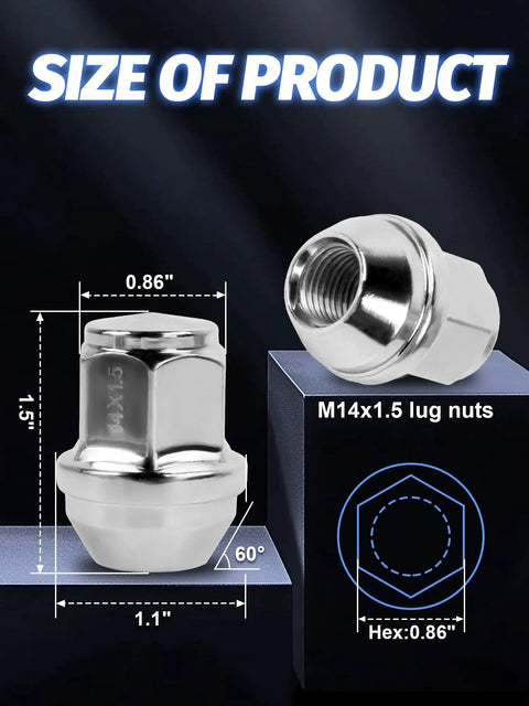20 Piece M14x1.5 Chrome Lug Nuts Set For Lincoln Edge MKX MKZ Aviator Wheels Replacement dimensions and design shown