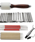 20 Piece Leather Carving And Stamping Tools Set featuring swivel hammer, metal stamps, and modeling pens for saddle making