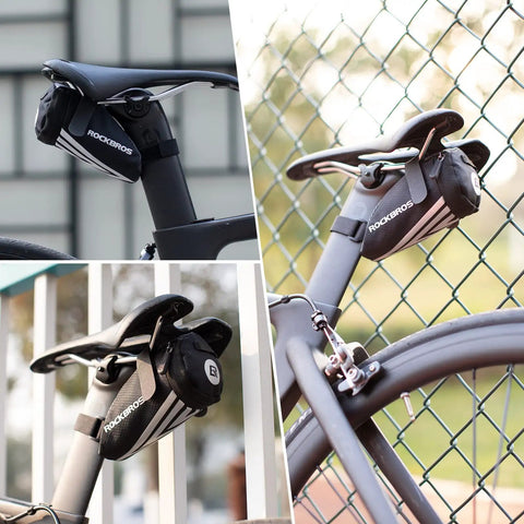 Under Seat Bike Saddle Bag Ultralight Storage Pouch installed on bicycle frames from different angles outdoors