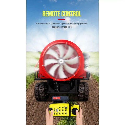 Heavy Duty Crawler Sprayer With Remote Control showing red sprayer with remote in hands, ideal for farm pest control on rough terrain.
